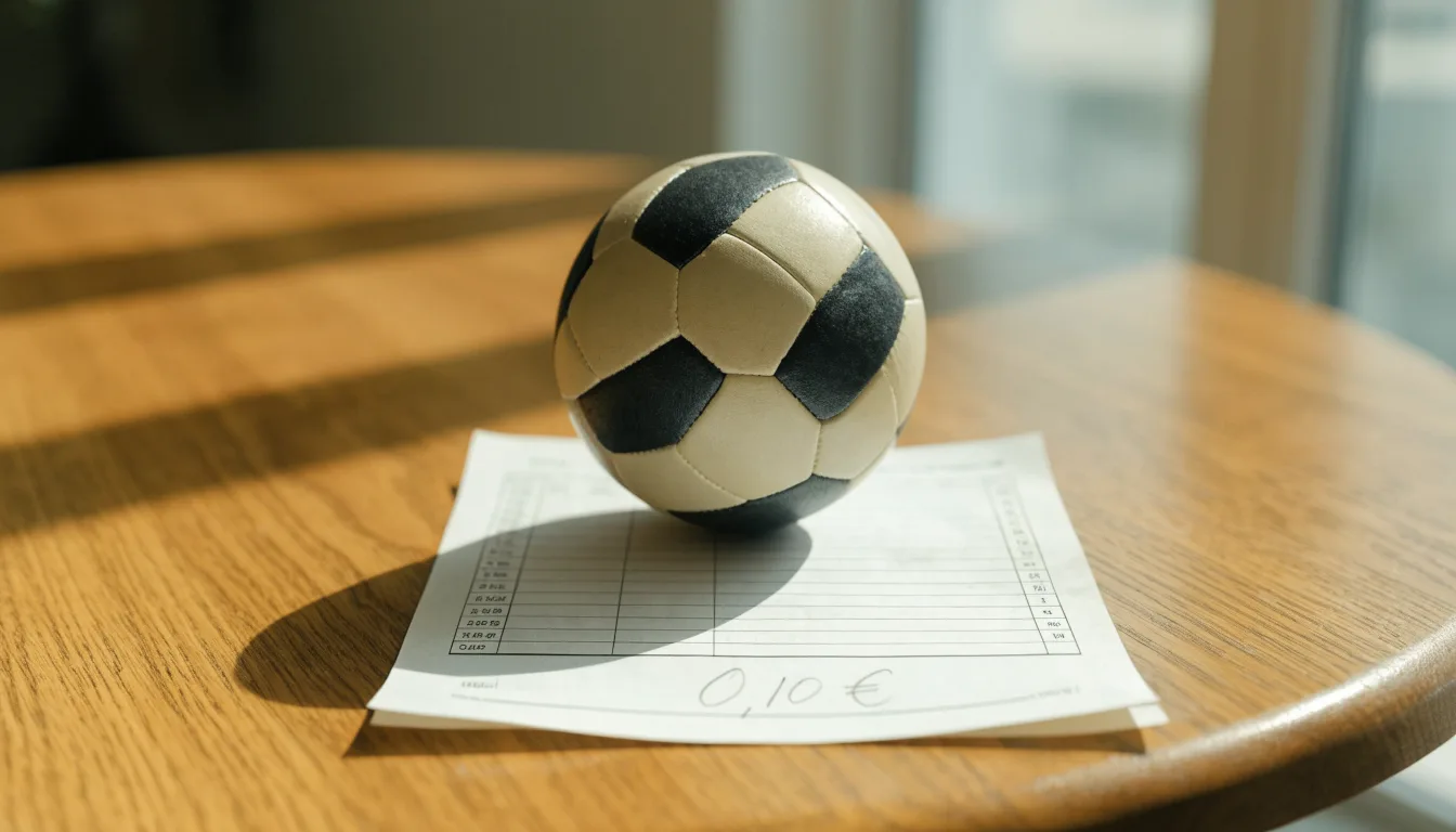 Uma bola de futebol pousada sobre um talão de apostas em branco numa mesa de madeira, à luz do dia