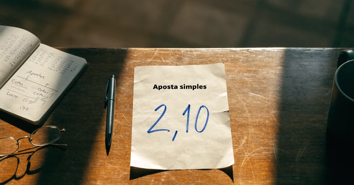 Um talão de apostas em branco ao lado de uma calculadora e de um bloco de notas com um esquema desenhado à mão