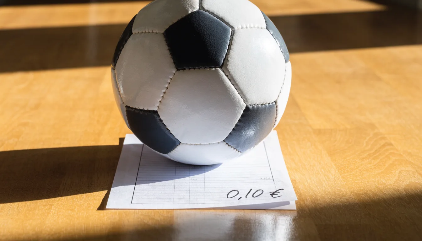 Uma bola de futebol pousada sobre um talão de apostas em branco numa mesa de madeira, à luz do dia