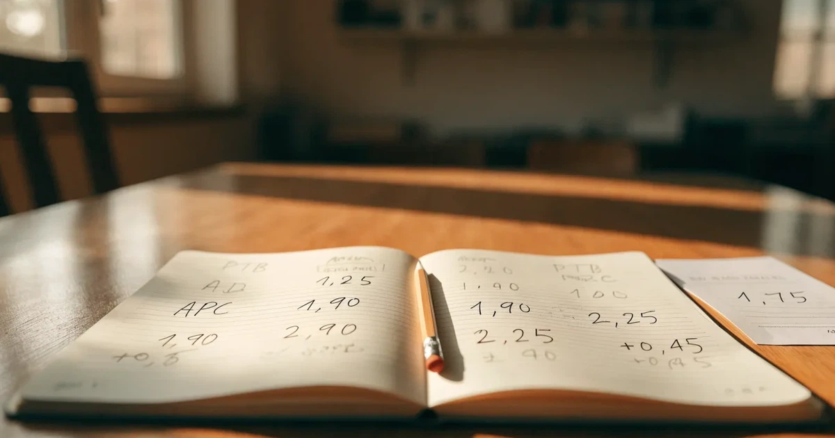 Um caderno aberto com cotas escritas à mão, uma calculadora e um lápis sobre uma mesa de madeira