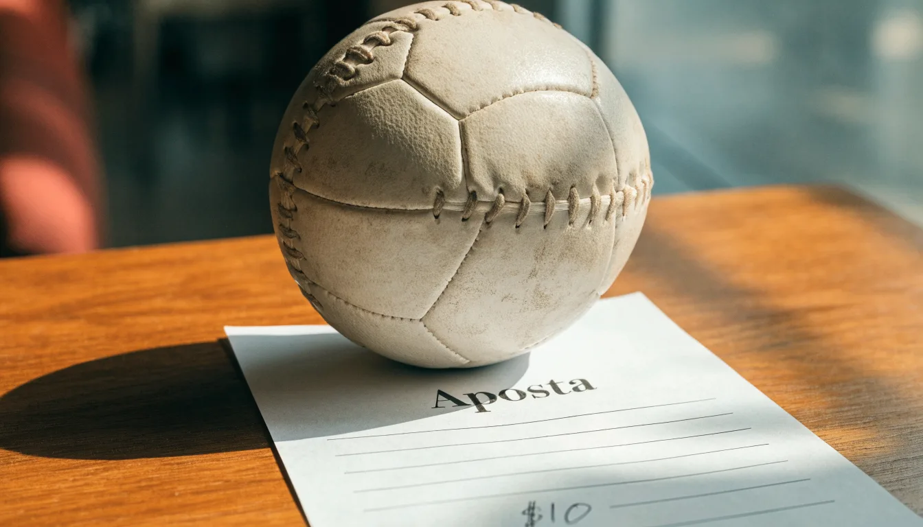 Uma bola de futebol pousada sobre um talão de apostas em branco numa mesa de madeira, à luz do dia