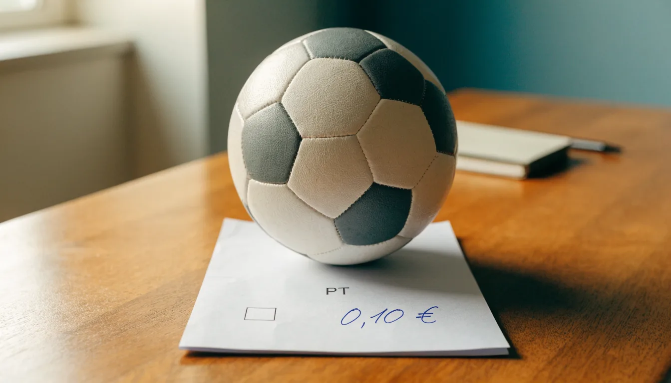 Uma bola de futebol pousada sobre um talão de apostas em branco numa mesa de madeira, à luz do dia