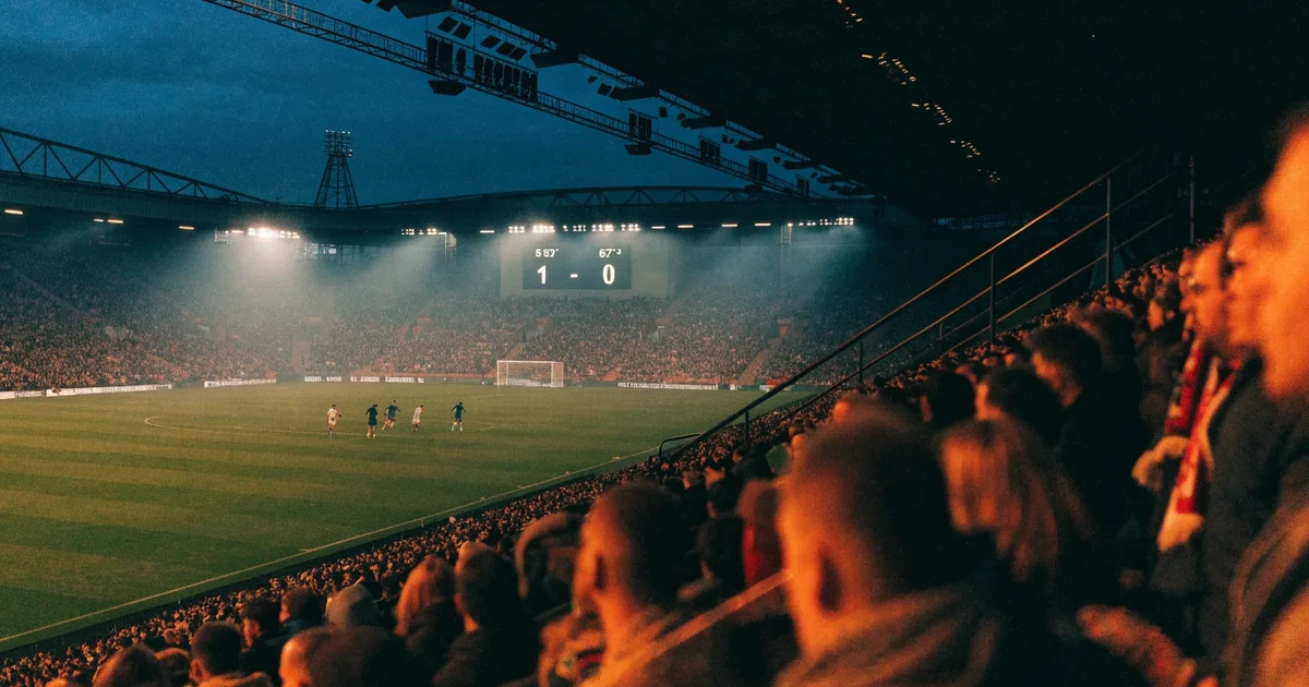 Um marcador eletrónico de um estádio com o resultado a meio da segunda parte, visto das bancadas