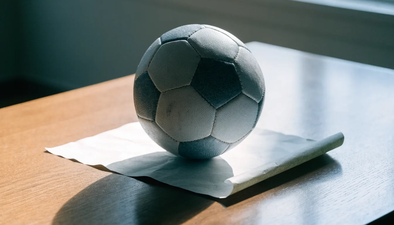 Uma bola de futebol pousada sobre um talão de apostas em branco numa mesa de madeira, à luz do dia