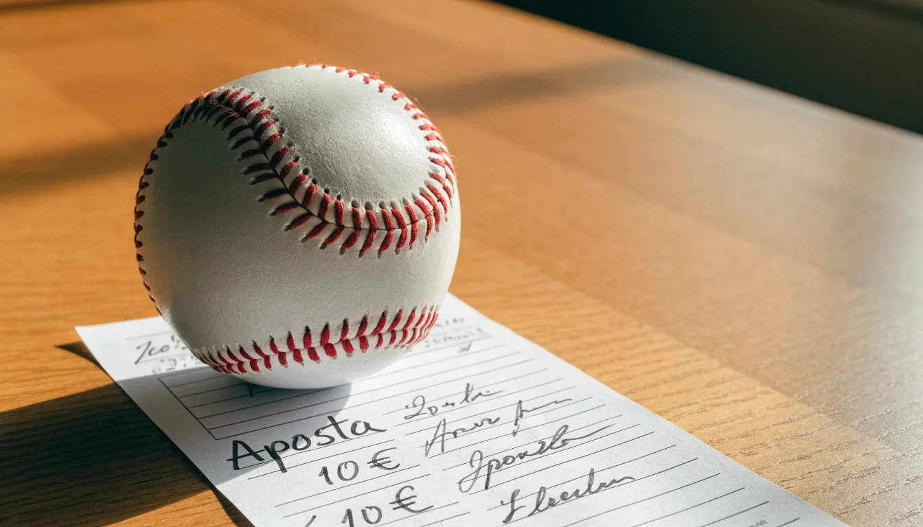 Uma bola de futebol pousada sobre um talão de apostas em branco numa mesa de madeira, à luz do dia