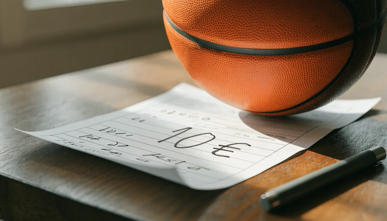 Uma bola de futebol pousada sobre um talão de apostas em branco numa mesa de madeira, à luz do dia