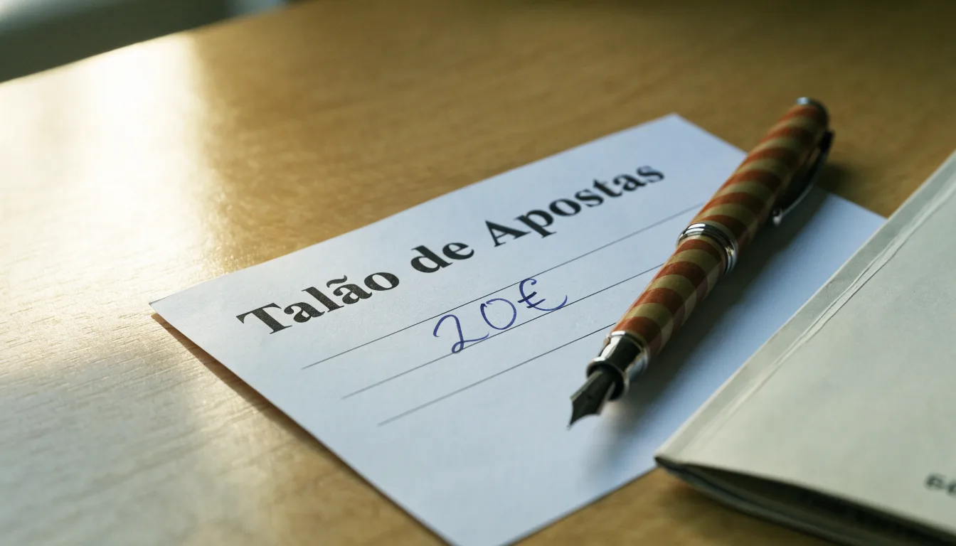 Uma bola de futebol pousada sobre um talão de apostas em branco numa mesa de madeira, à luz do dia