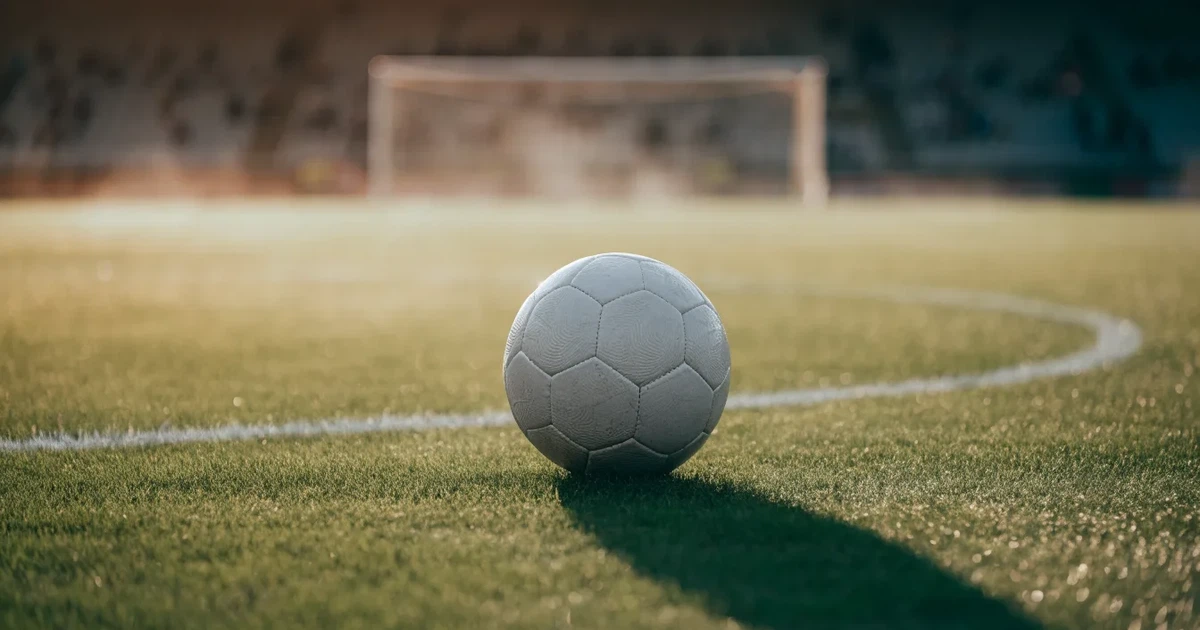 Uma bola de futebol no ponto central de um relvado, à luz da manhã