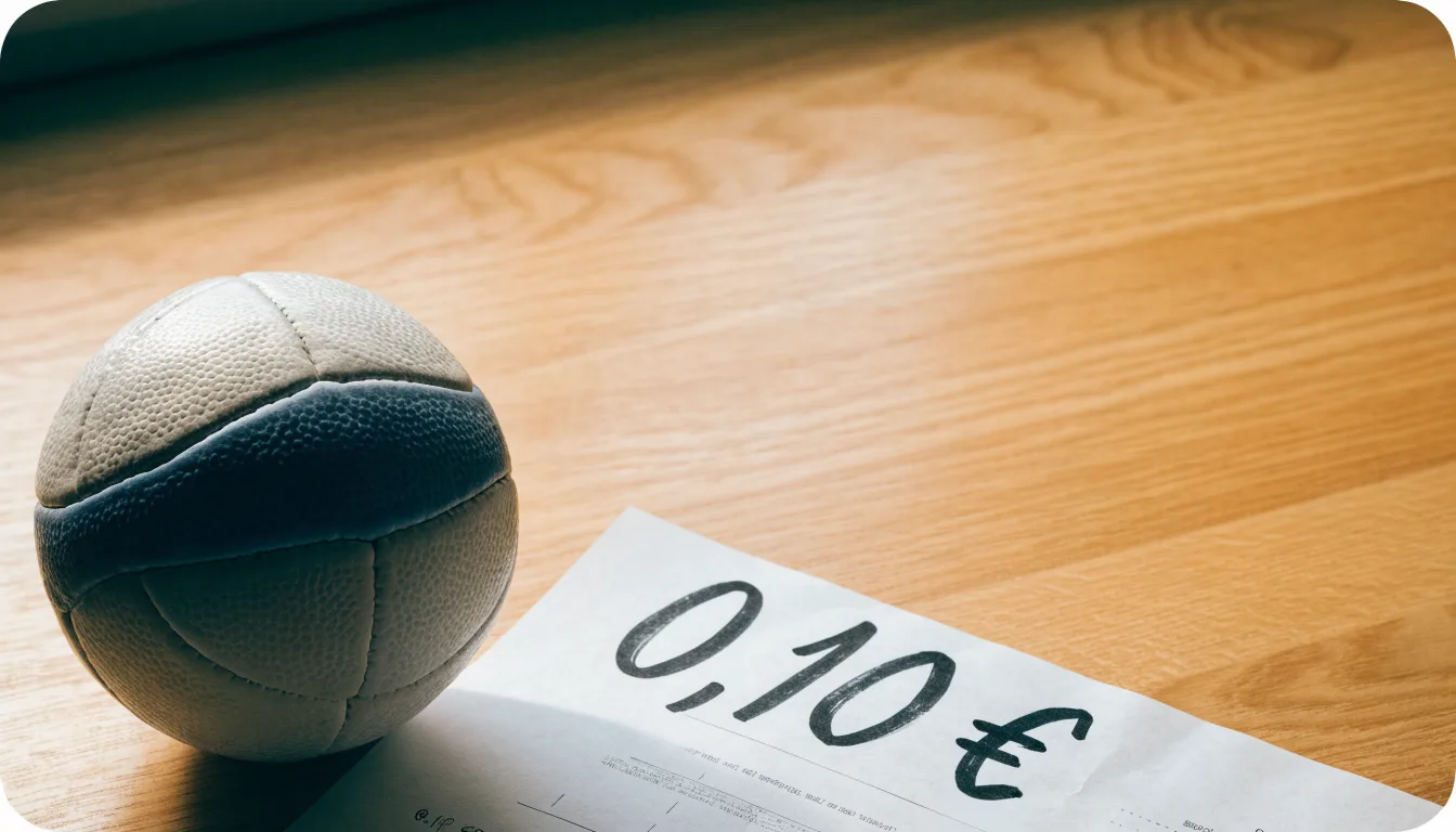 Uma bola de futebol pousada sobre um talão de apostas em branco numa mesa de madeira, à luz do dia