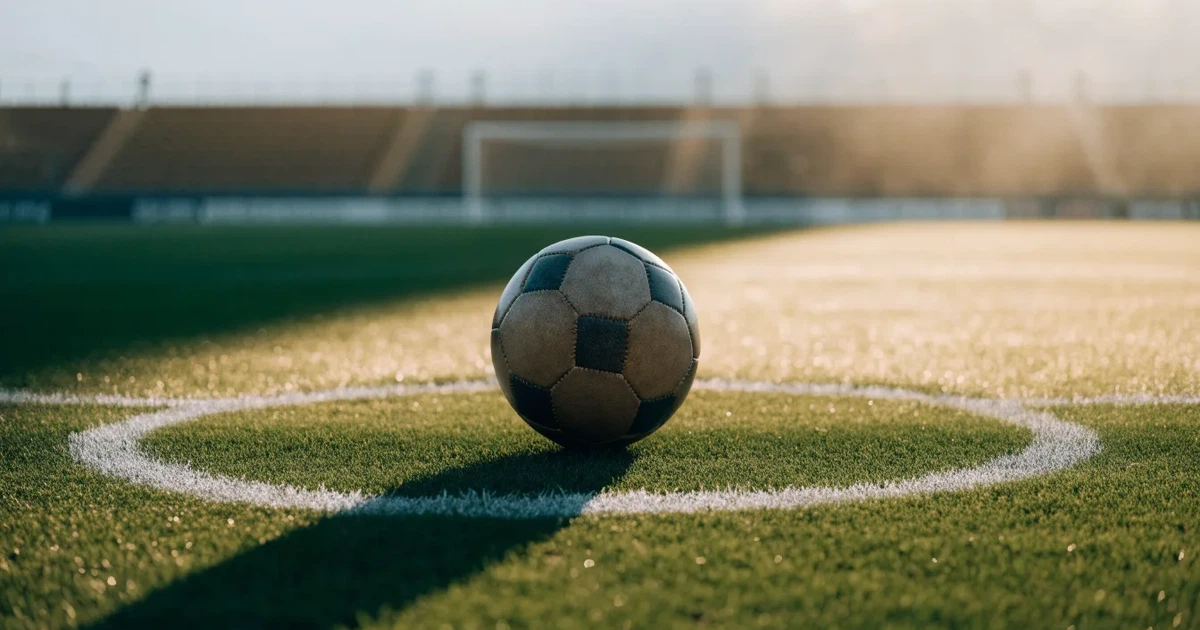 Uma bola de futebol no ponto central de um relvado, à luz da manhã