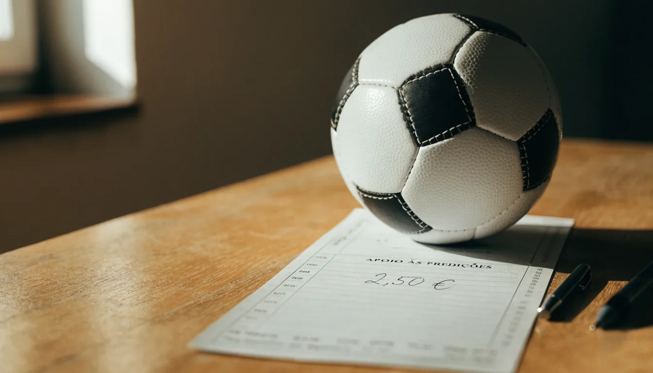 Uma bola de futebol pousada sobre um talão de apostas em branco numa mesa de madeira, à luz do dia
