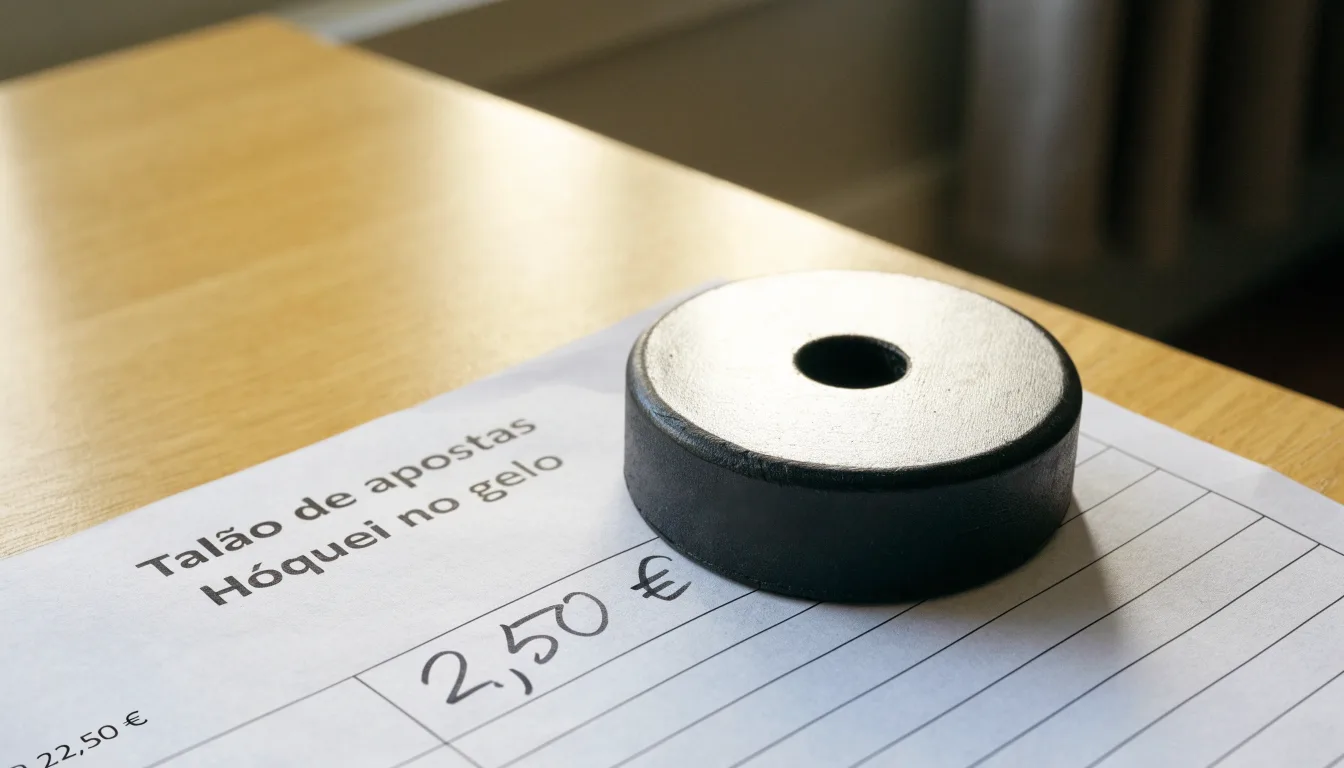Uma bola de futebol pousada sobre um talão de apostas em branco numa mesa de madeira, à luz do dia