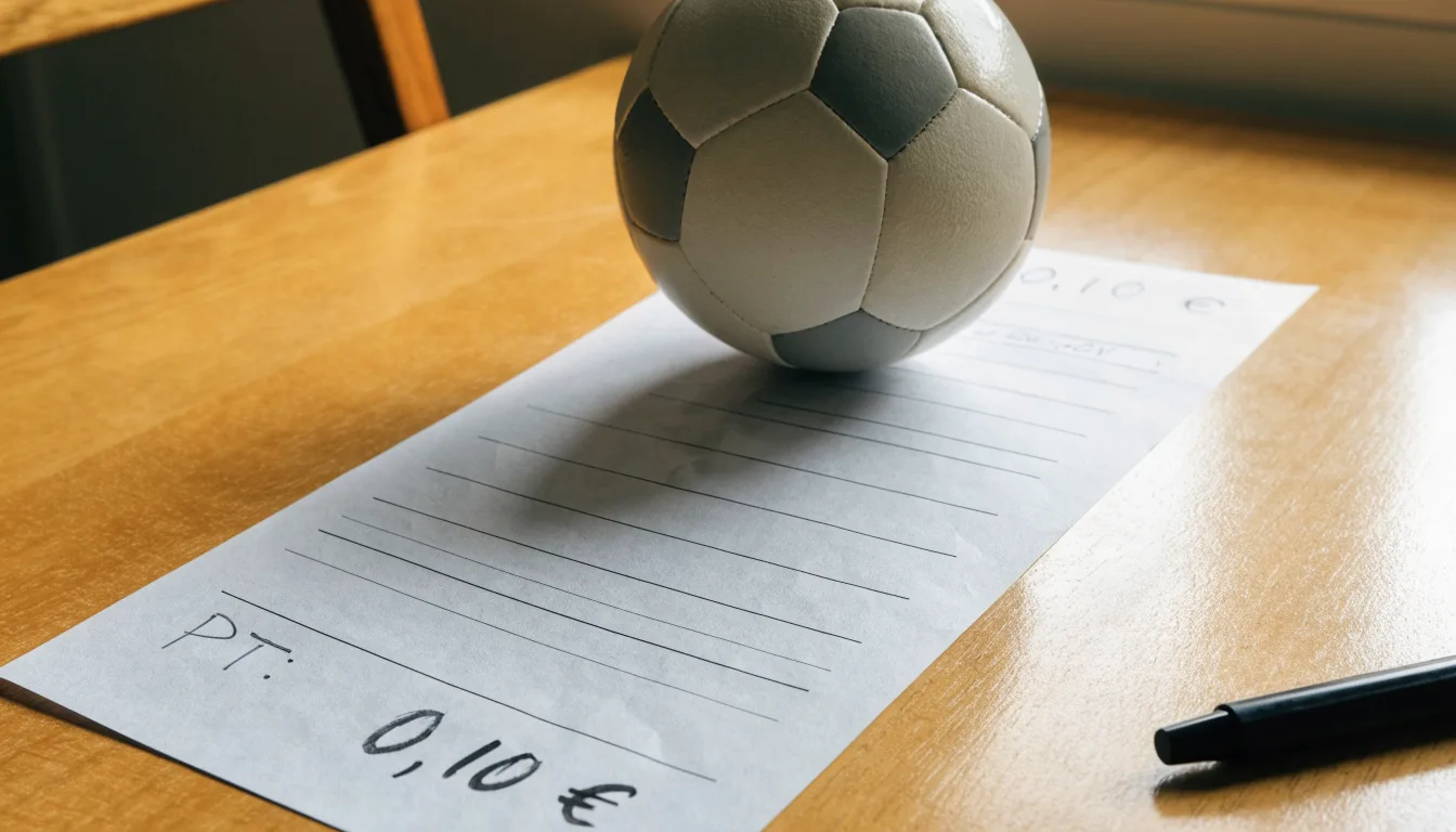 Uma bola de futebol pousada sobre um talão de apostas em branco numa mesa de madeira, à luz do dia