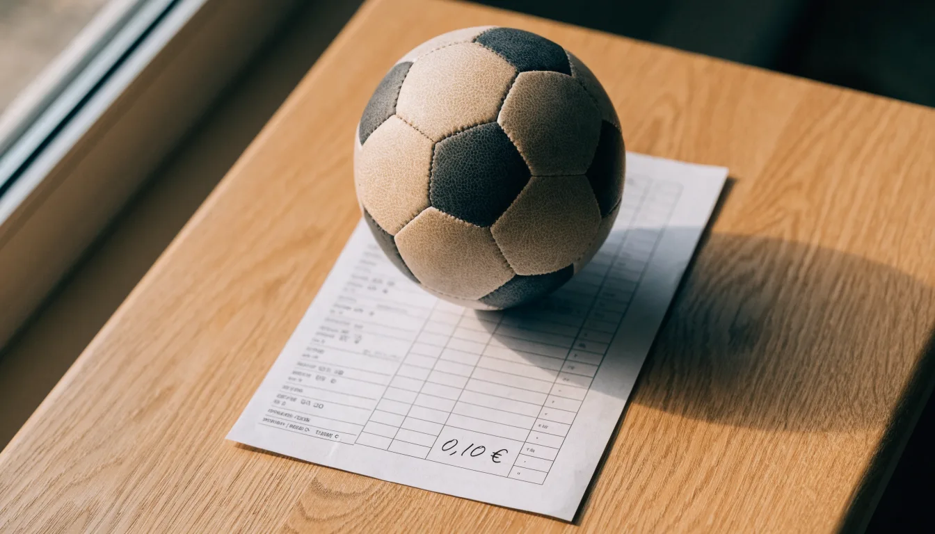 Uma bola de futebol pousada sobre um talão de apostas em branco numa mesa de madeira, à luz do dia
