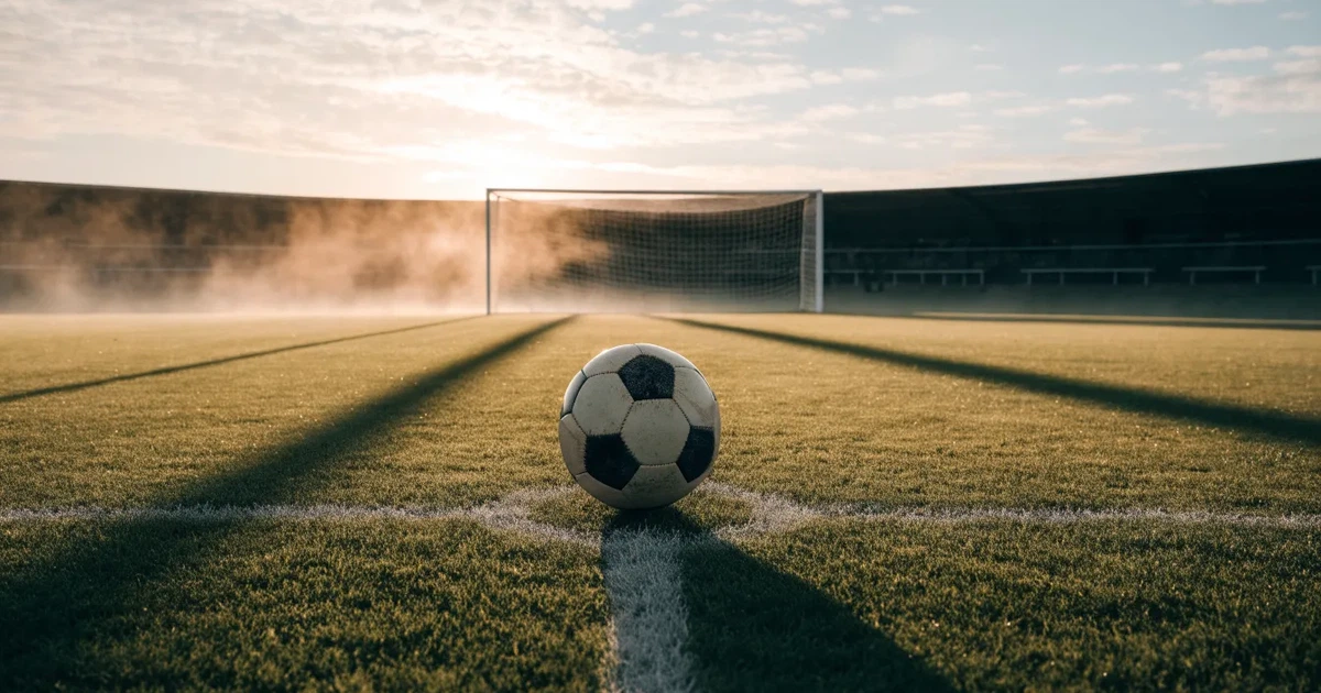 Uma bola de futebol no ponto central de um relvado, à luz da manhã