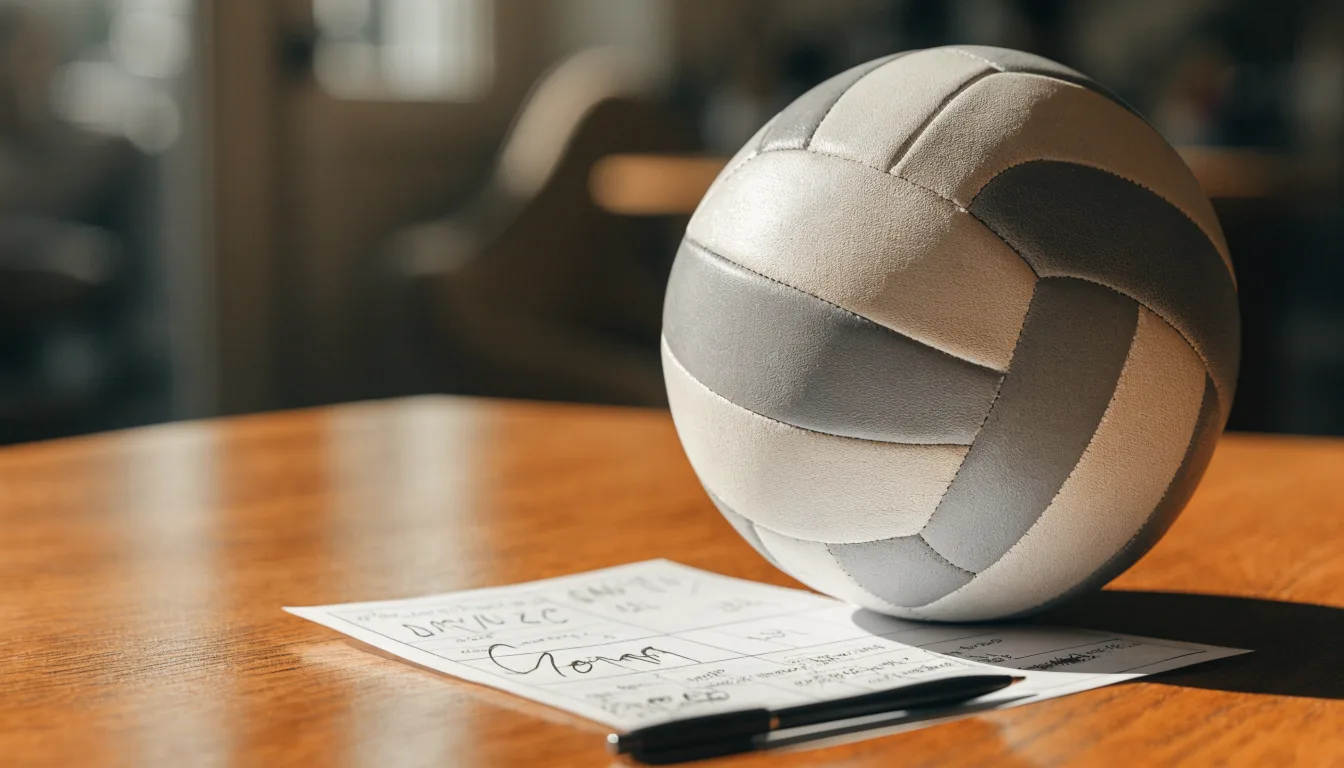 Uma bola de futebol pousada sobre um talão de apostas em branco numa mesa de madeira, à luz do dia