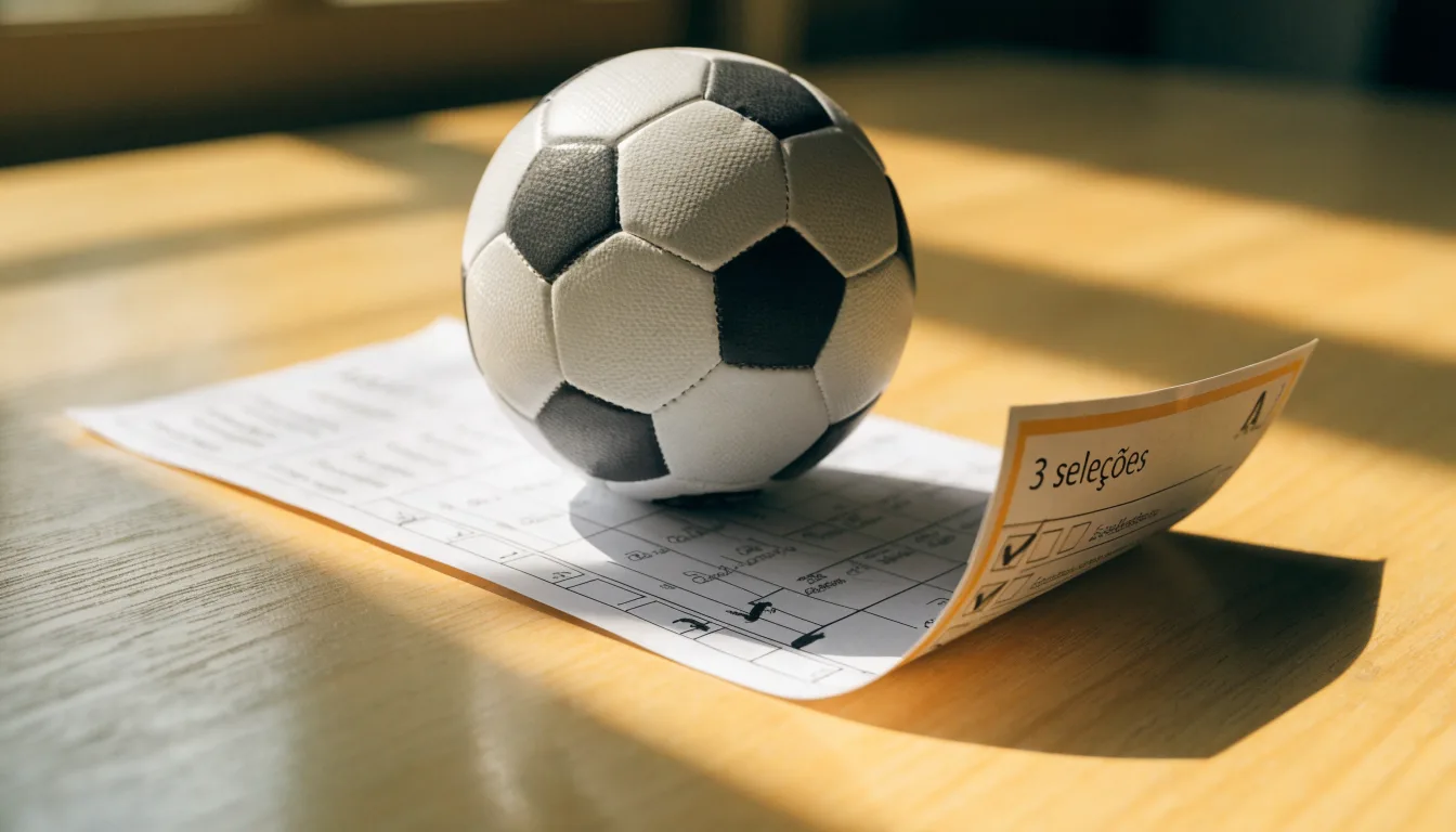 Uma bola de futebol pousada sobre um talão de apostas em branco numa mesa de madeira, à luz do dia