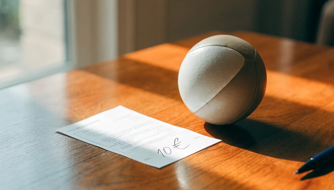 Uma bola de futebol pousada sobre um talão de apostas em branco numa mesa de madeira, à luz do dia