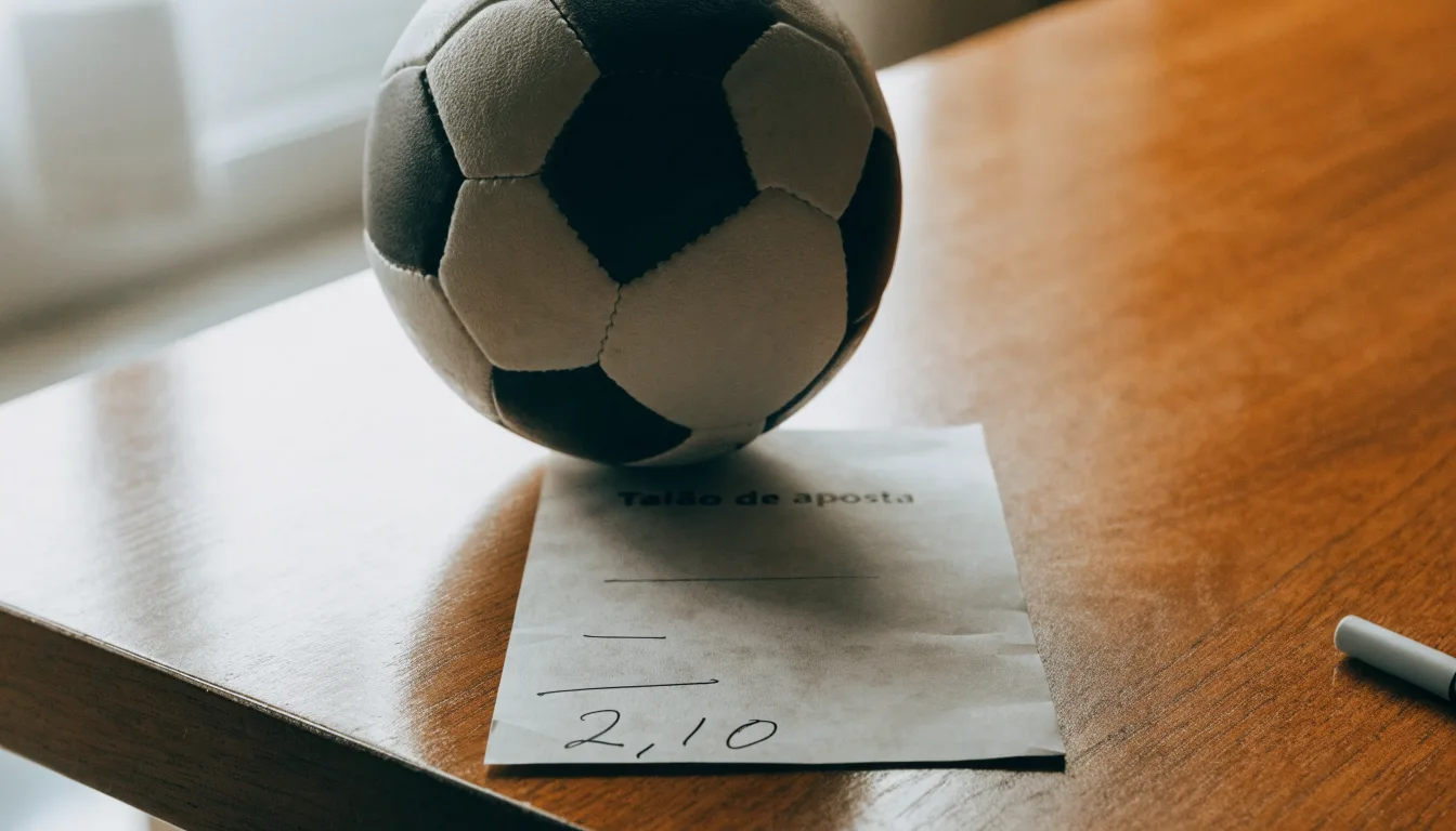 Uma bola de futebol pousada sobre um talão de apostas em branco numa mesa de madeira, à luz do dia