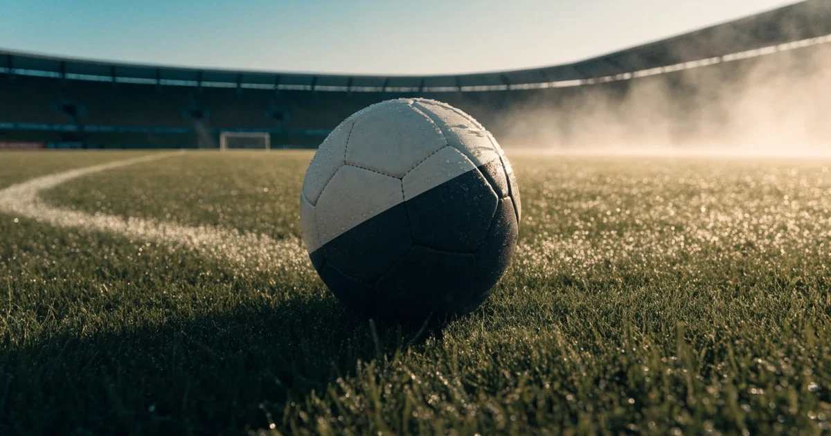 Uma bola de futebol no ponto central de um relvado, à luz da manhã