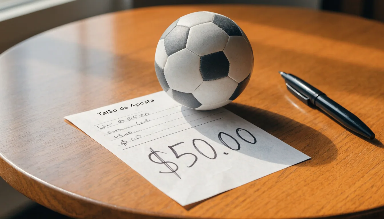 Uma bola de futebol pousada sobre um talão de apostas em branco numa mesa de madeira, à luz do dia