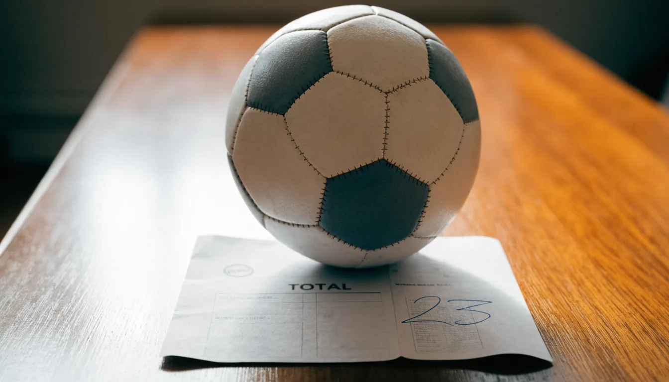 Uma bola de futebol pousada sobre um talão de apostas em branco numa mesa de madeira, à luz do dia