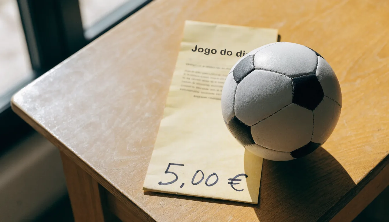 Uma bola de futebol pousada sobre um talão de apostas em branco numa mesa de madeira, à luz do dia