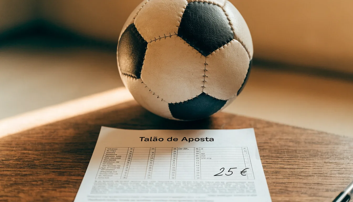Uma bola de futebol pousada sobre um talão de apostas em branco numa mesa de madeira, à luz do dia
