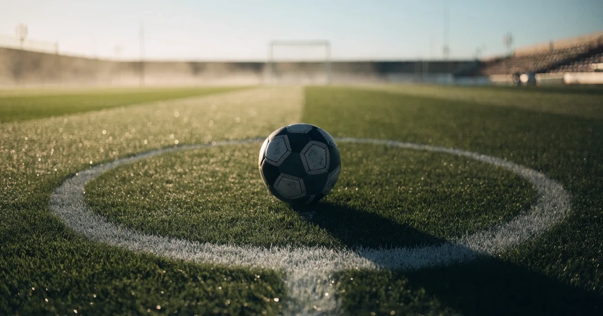 Uma bola de futebol no ponto central de um relvado, à luz da manhã