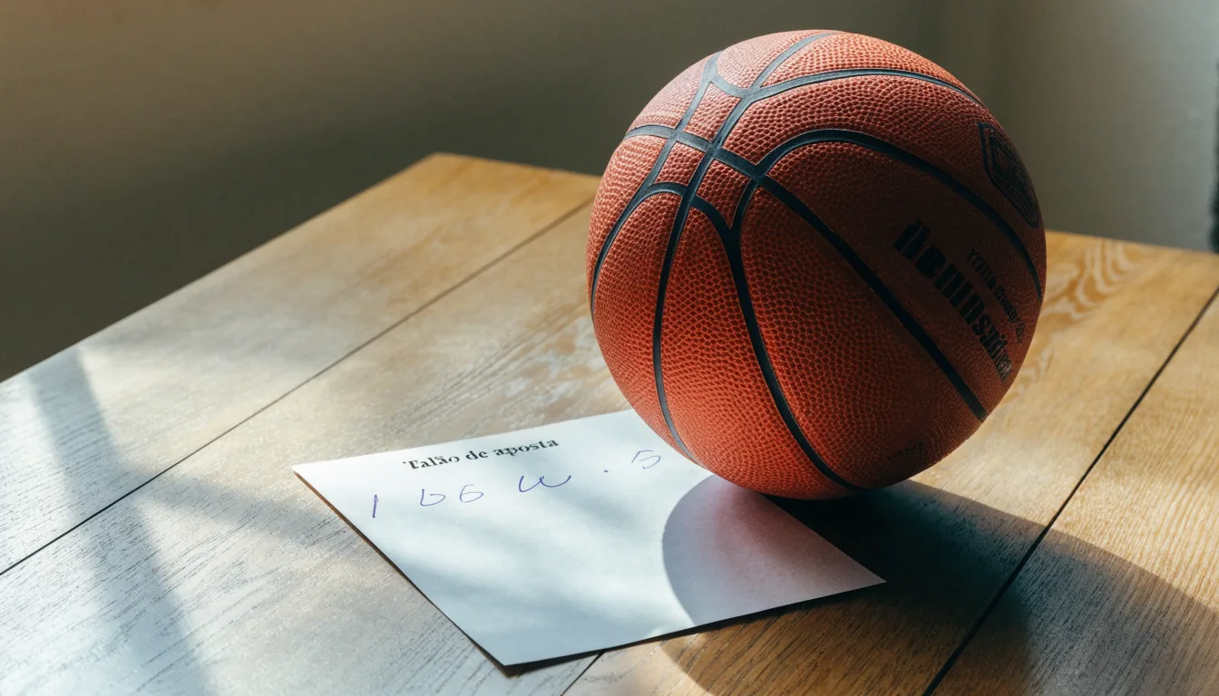 Uma bola de futebol pousada sobre um talão de apostas em branco numa mesa de madeira, à luz do dia