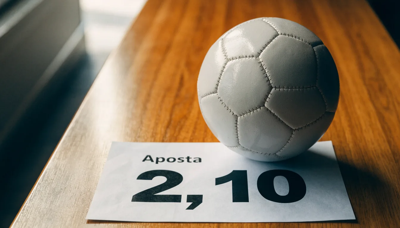 Uma bola de futebol pousada sobre um talão de apostas em branco numa mesa de madeira, à luz do dia