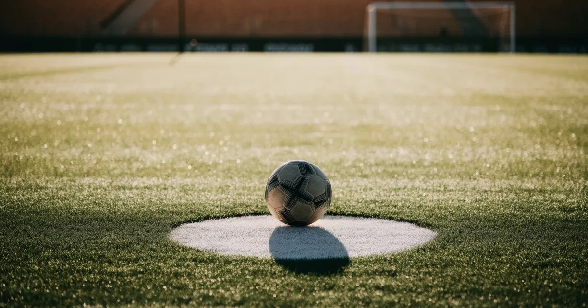 Uma bola de futebol no ponto central de um relvado, à luz da manhã