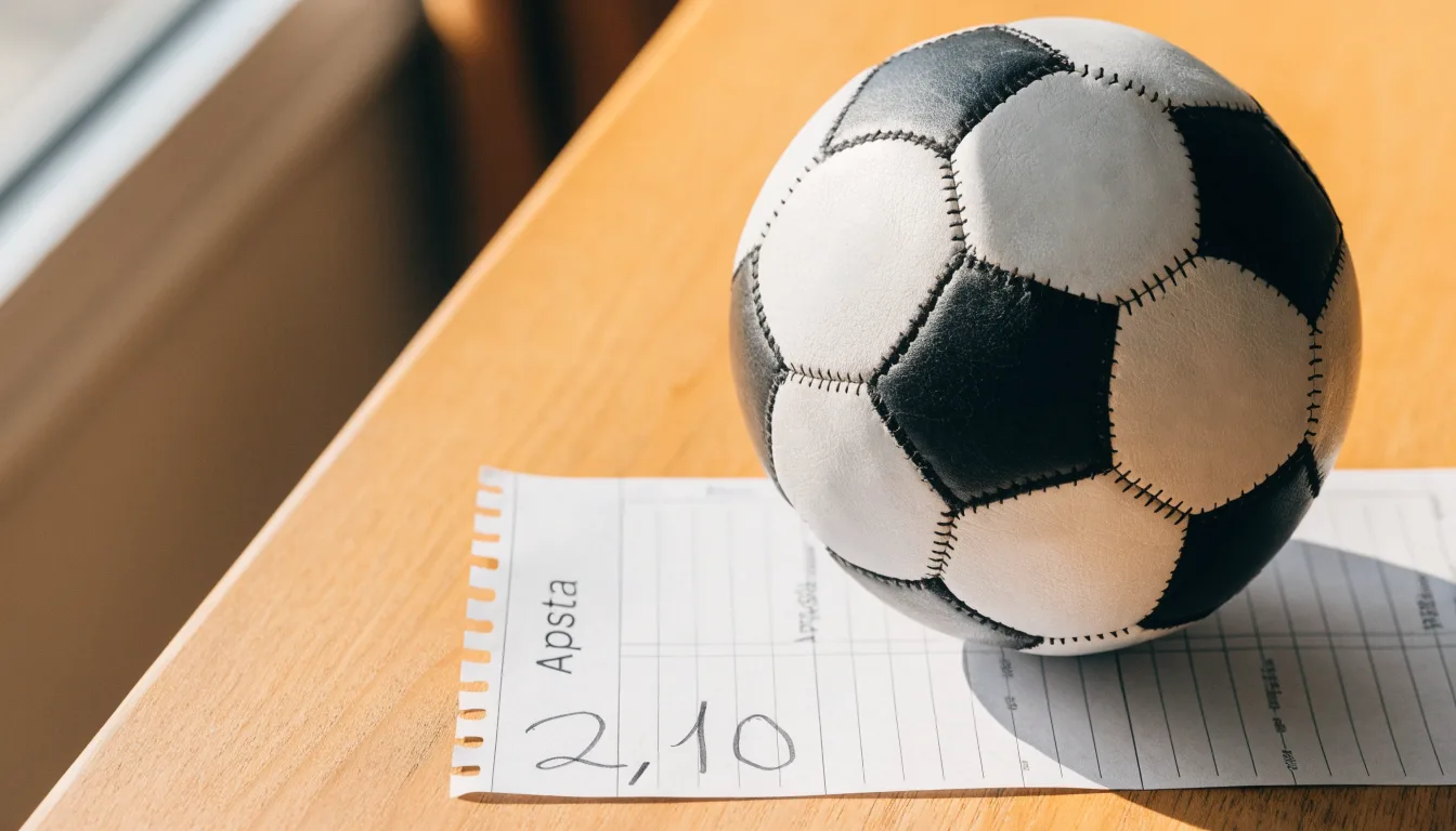 Uma bola de futebol pousada sobre um talão de apostas em branco numa mesa de madeira, à luz do dia