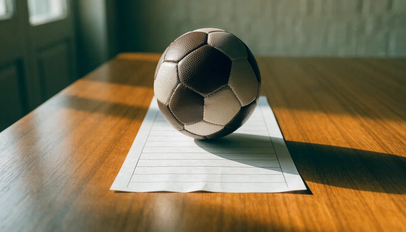 Uma bola de futebol pousada sobre um talão de apostas em branco numa mesa de madeira, à luz do dia