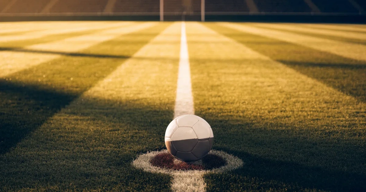 Uma bola de futebol no ponto central de um relvado, à luz da manhã