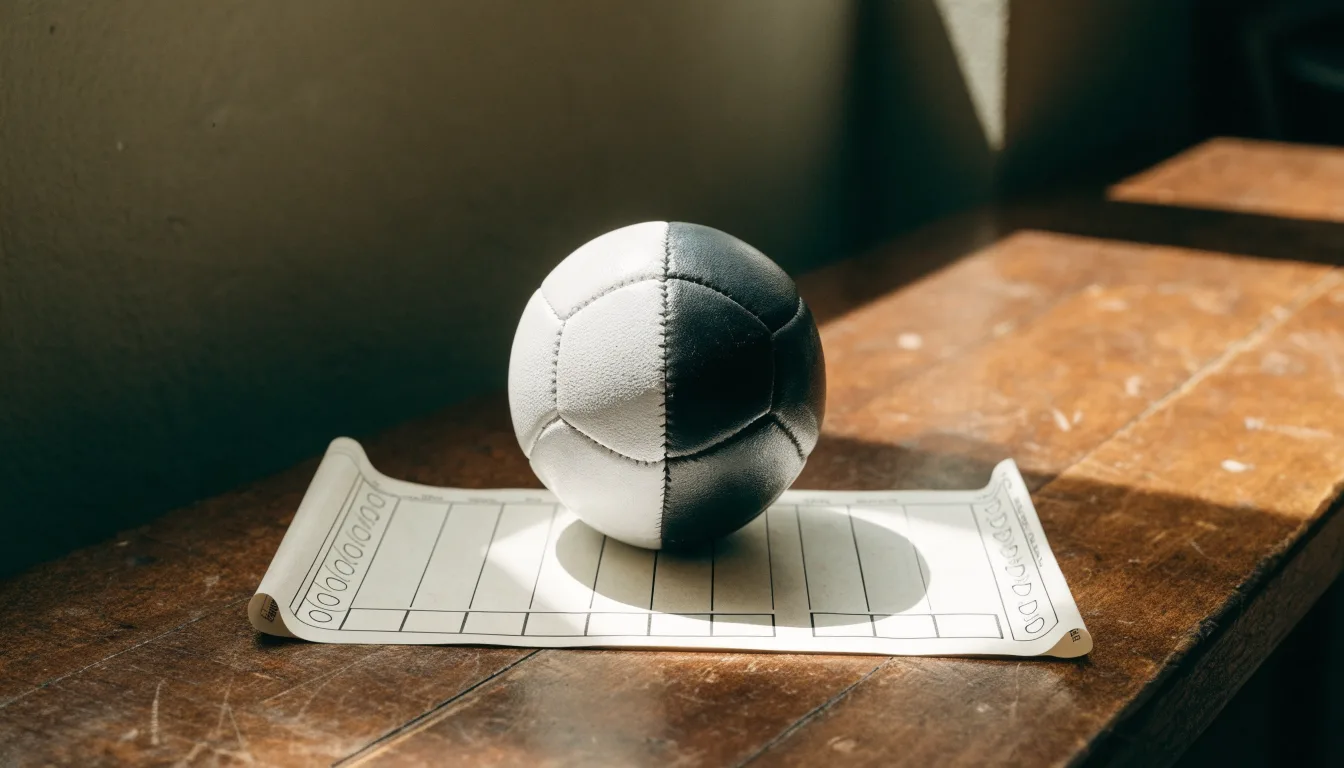 Uma bola de futebol pousada sobre um talão de apostas em branco numa mesa de madeira, à luz do dia
