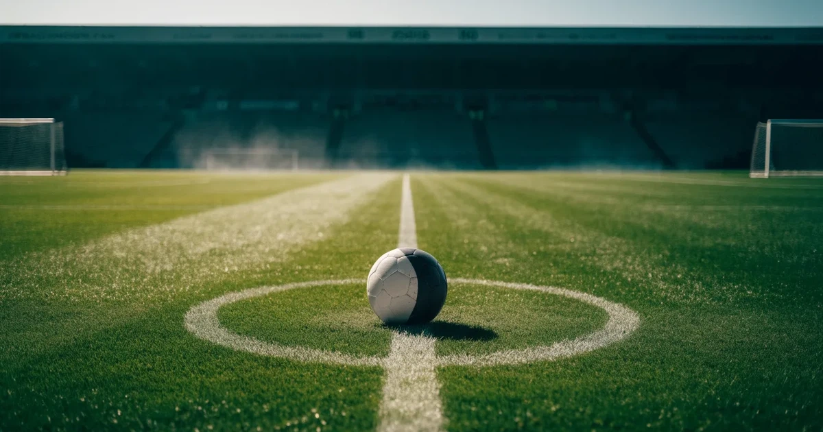 Uma bola de futebol no ponto central de um relvado, à luz da manhã