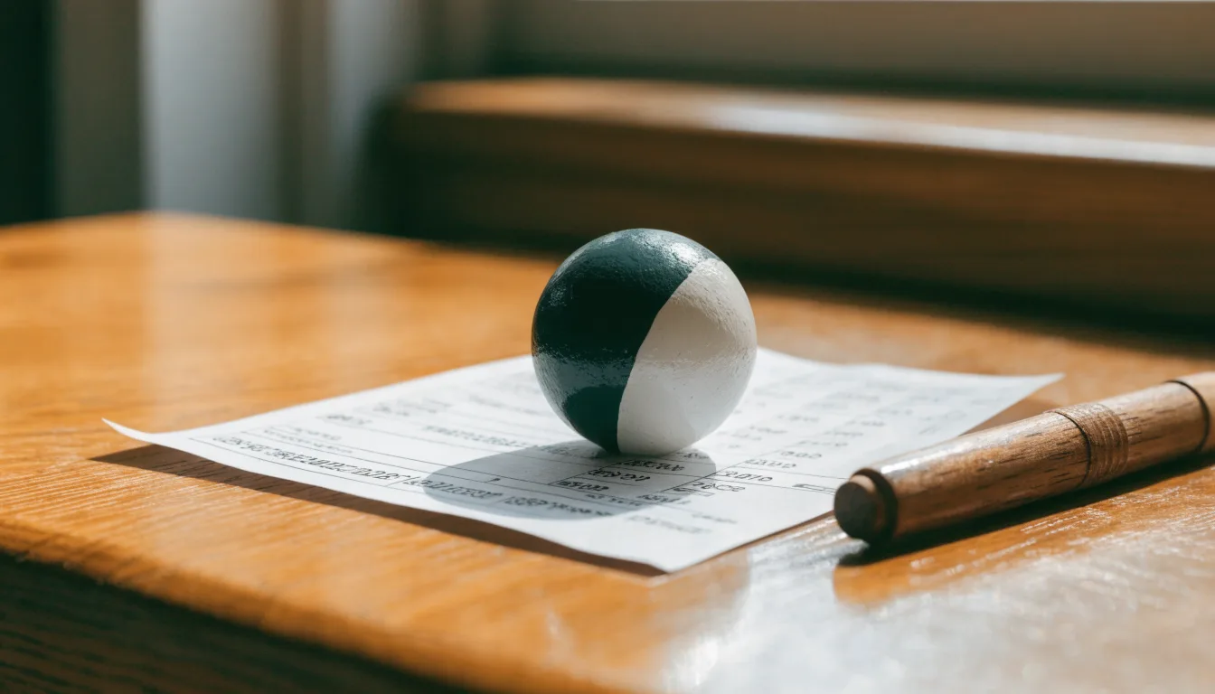Uma bola de futebol pousada sobre um talão de apostas em branco numa mesa de madeira, à luz do dia