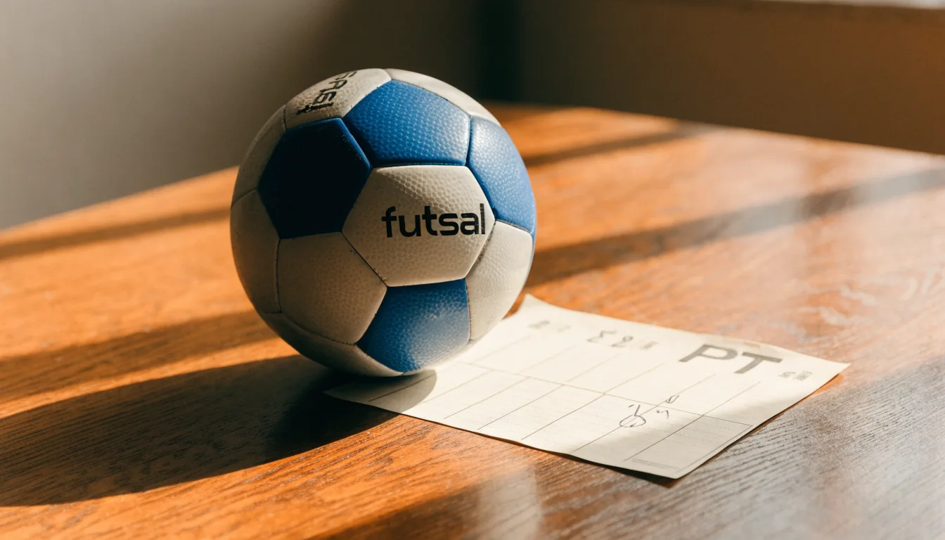 Uma bola de futebol pousada sobre um talão de apostas em branco numa mesa de madeira, à luz do dia