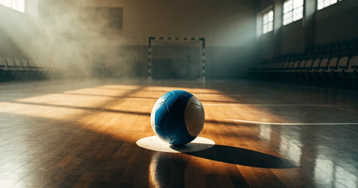 Uma bola de futebol no ponto central de um relvado, à luz da manhã