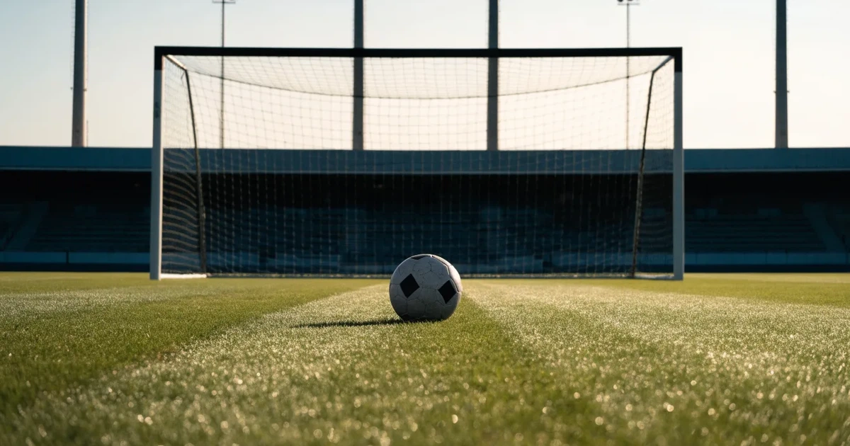 Uma bola de futebol no ponto central de um relvado, à luz da manhã