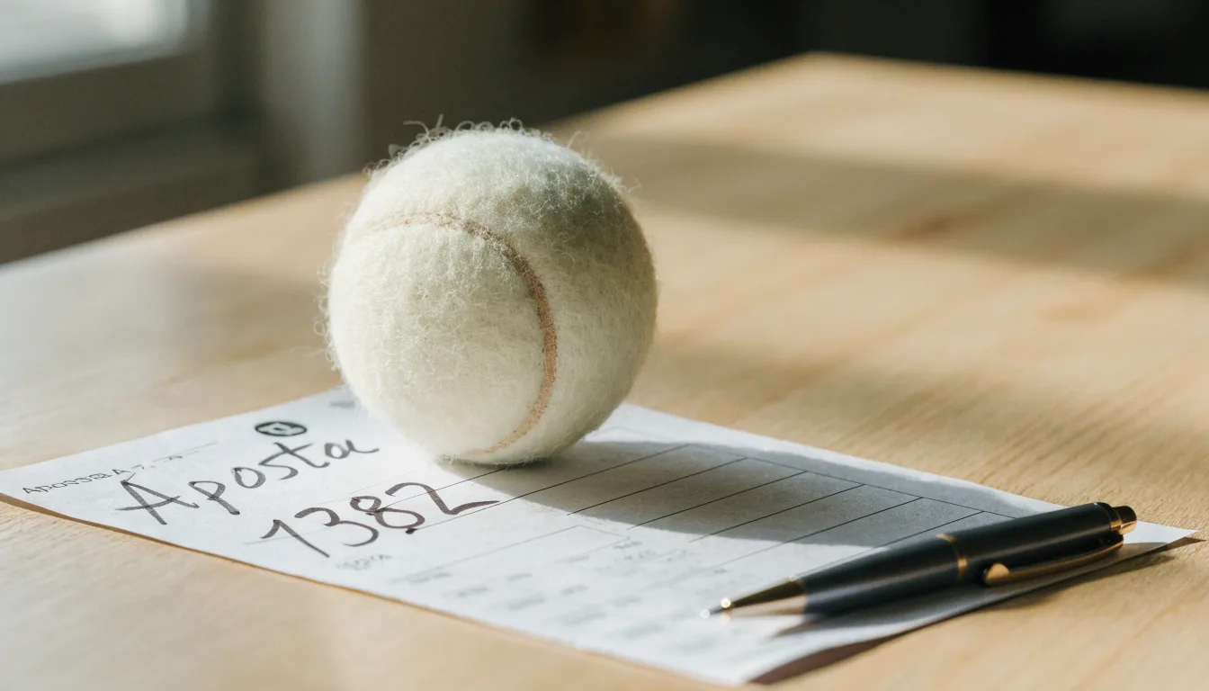 Uma bola de futebol pousada sobre um talão de apostas em branco numa mesa de madeira, à luz do dia