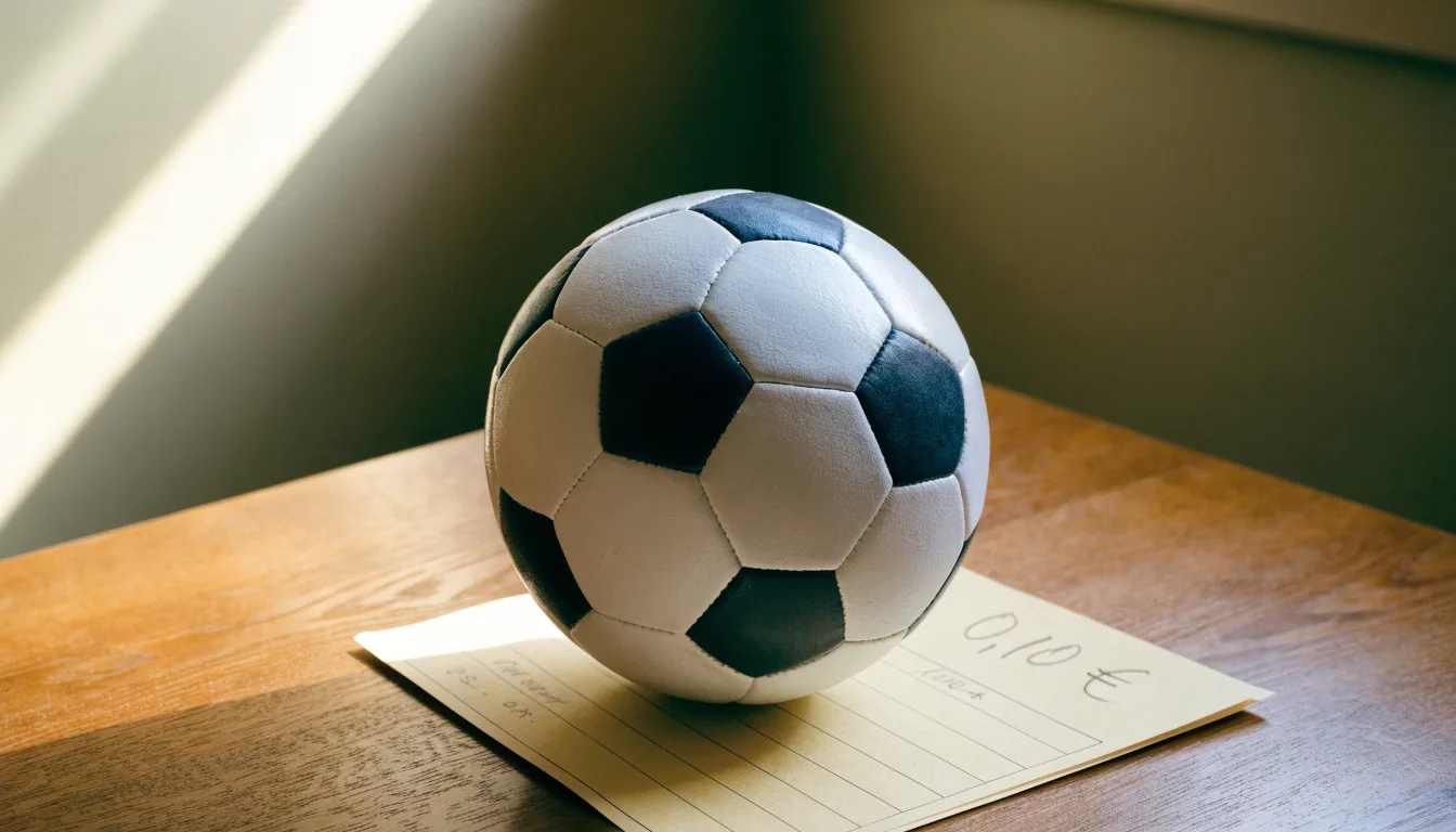 Uma bola de futebol pousada sobre um talão de apostas em branco numa mesa de madeira, à luz do dia