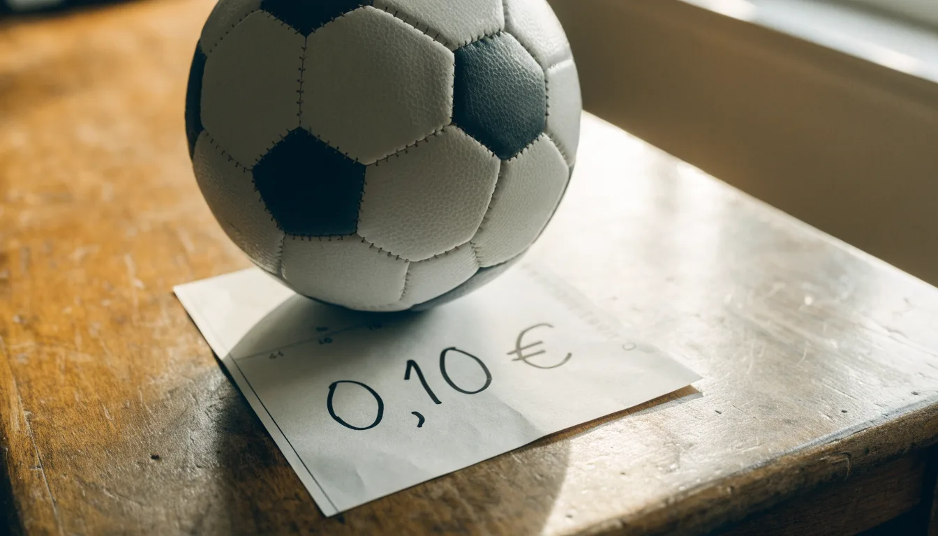 Uma bola de futebol pousada sobre um talão de apostas em branco numa mesa de madeira, à luz do dia