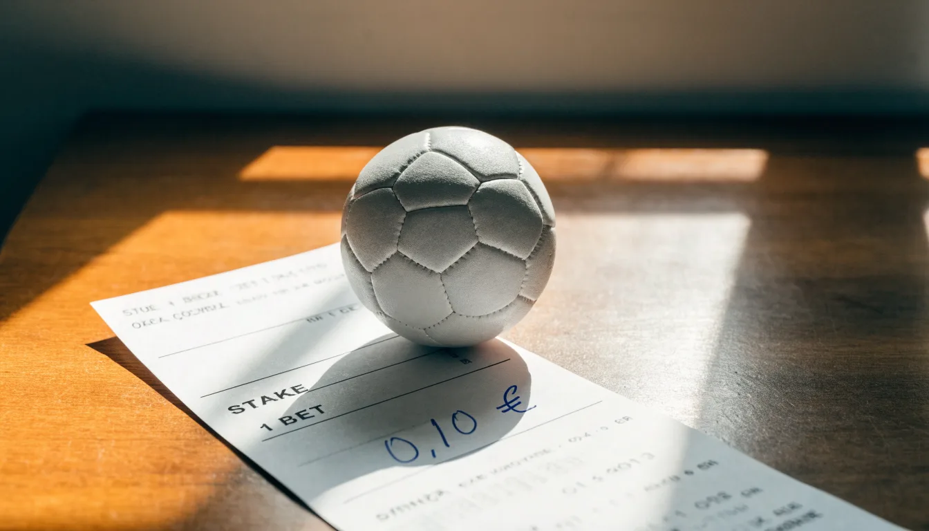 Uma bola de futebol pousada sobre um talão de apostas em branco numa mesa de madeira, à luz do dia
