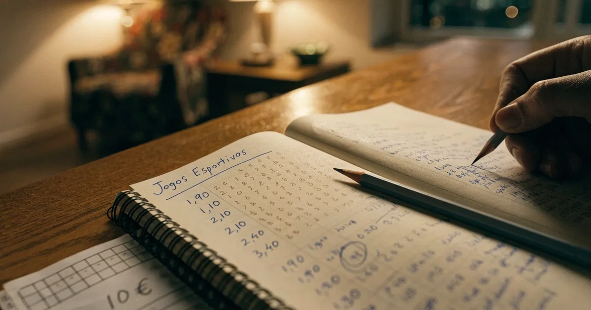 Um caderno aberto com cotas escritas à mão, uma calculadora e um lápis sobre uma mesa de madeira