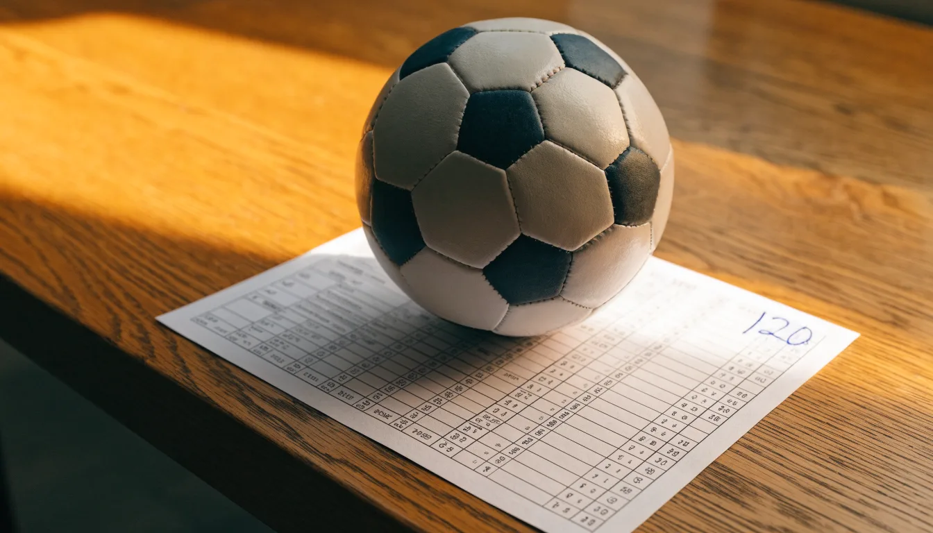 Uma bola de futebol pousada sobre um talão de apostas em branco numa mesa de madeira, à luz do dia