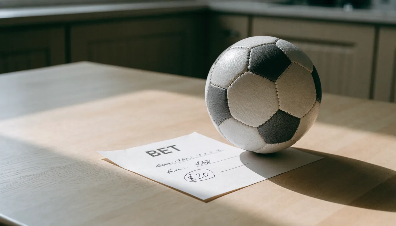 Uma bola de futebol pousada sobre um talão de apostas em branco numa mesa de madeira, à luz do dia