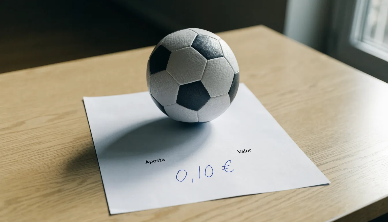 Uma bola de futebol pousada sobre um talão de apostas em branco numa mesa de madeira, à luz do dia