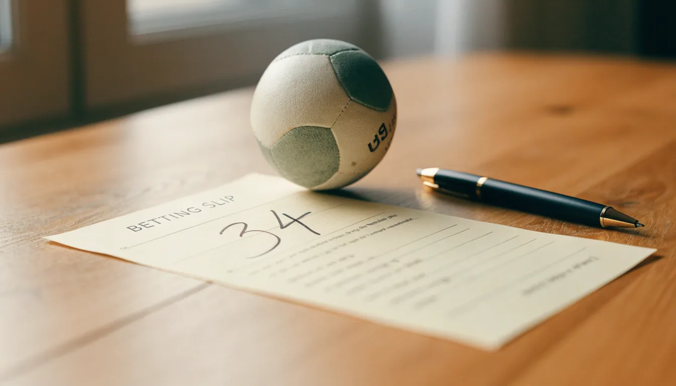 Uma bola de futebol pousada sobre um talão de apostas em branco numa mesa de madeira, à luz do dia